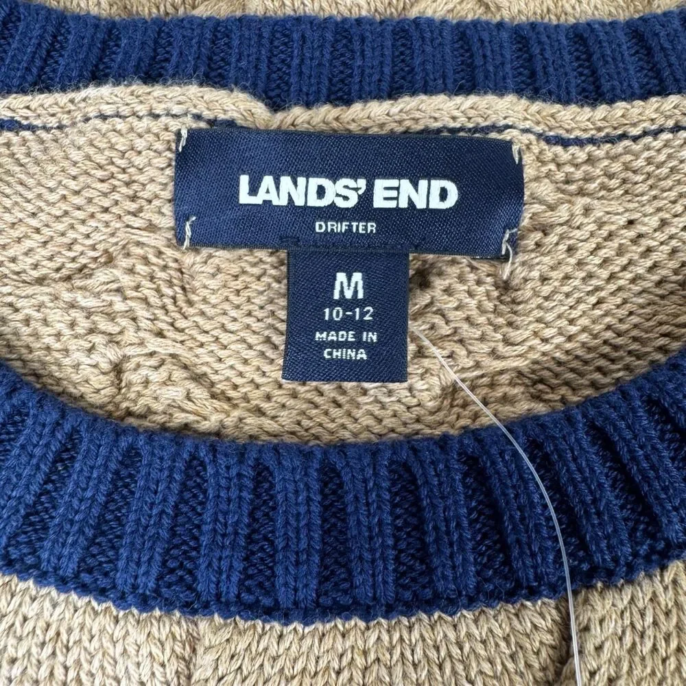 Lands End Women Drifter Sweater Medium Blue Tan Stripe Braided Cable Knit Preppy